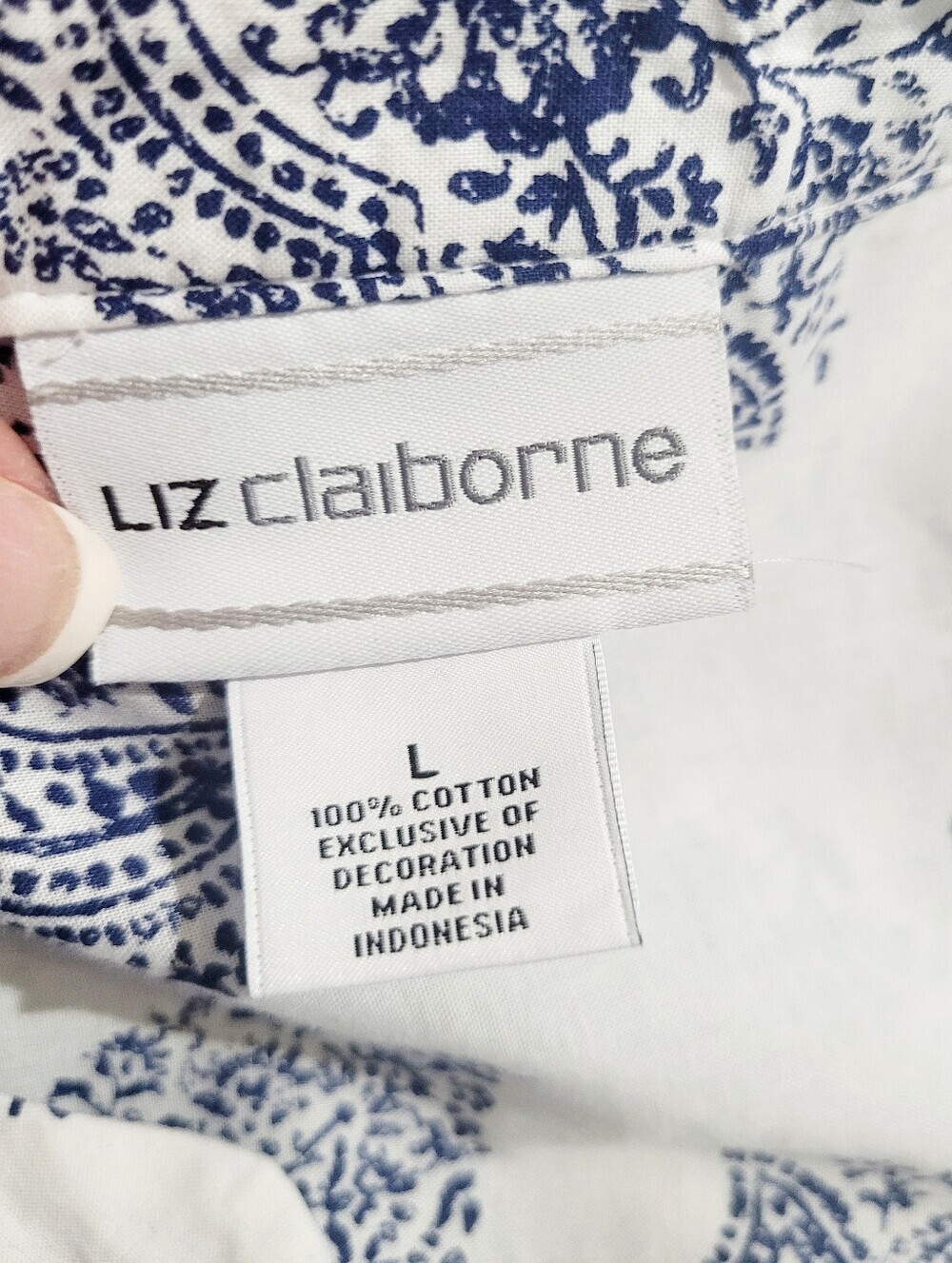 Liz Claiborne Womens Large Blue White Paisley Tunic Top 100% Cotton Boho Classic - Picture 6 of 12